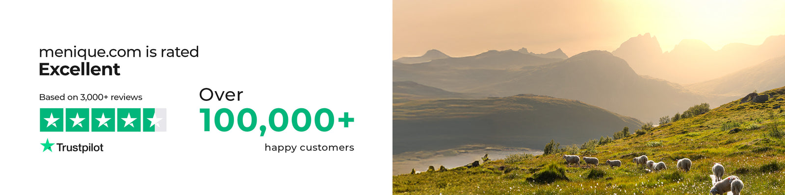 Trustpilot rating showing Excellent reviews and 100,000+ happy customers with mountain landscape background