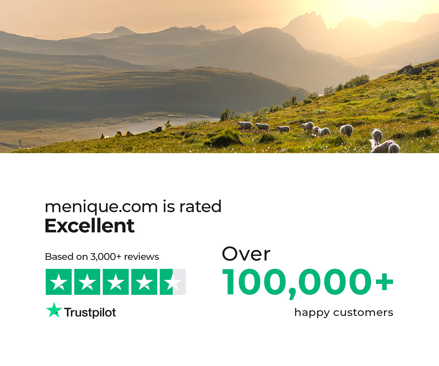 Trustpilot rating showing Excellent reviews and 100,000+ happy customers with mountain landscape background