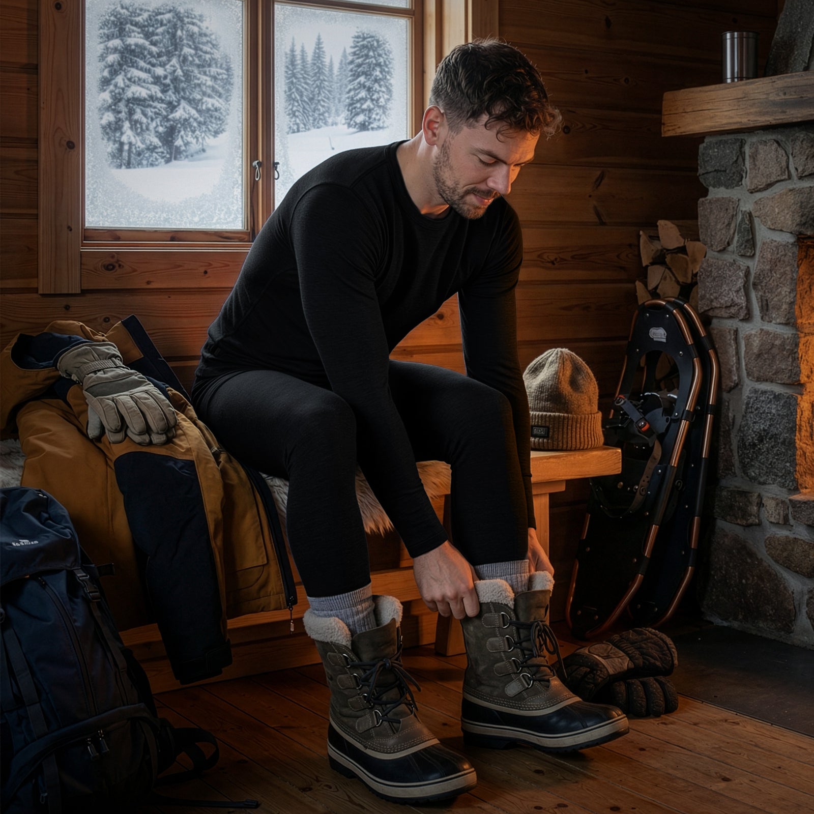 Man putting on winter boots indoors, wearing black merino base layer in a wooden cabin