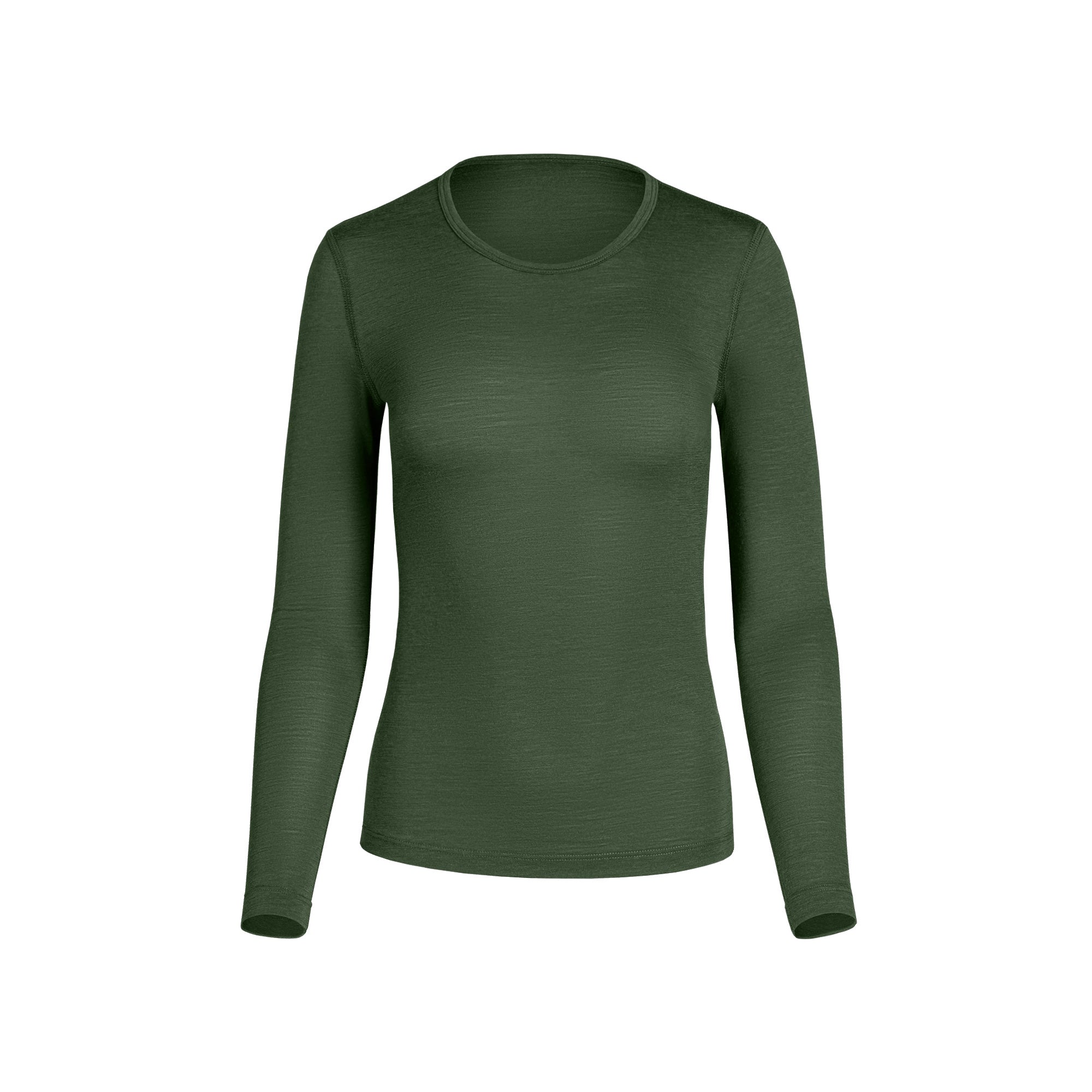 The menique women's merino wool dark green long sleeve top matched with classic light blue jeans, from the front.