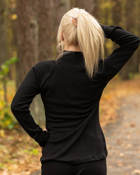 Women&#39;s Merino Wool Sports Jogging Zip neck top 250gsm Black