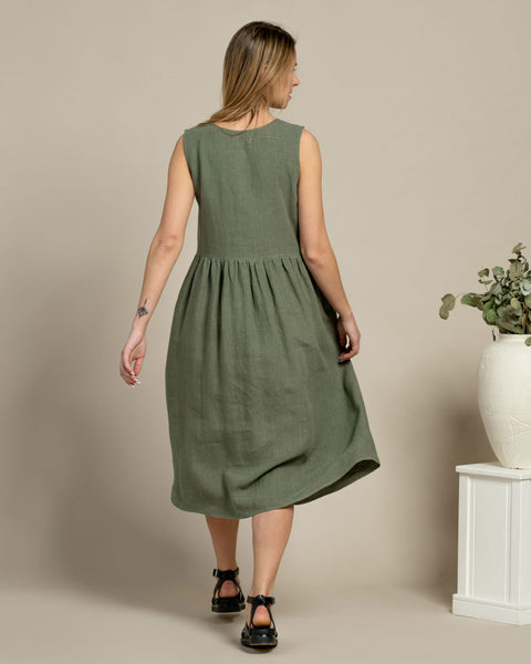 Linen Sleeveless Smock Dress Maya Stone Green
