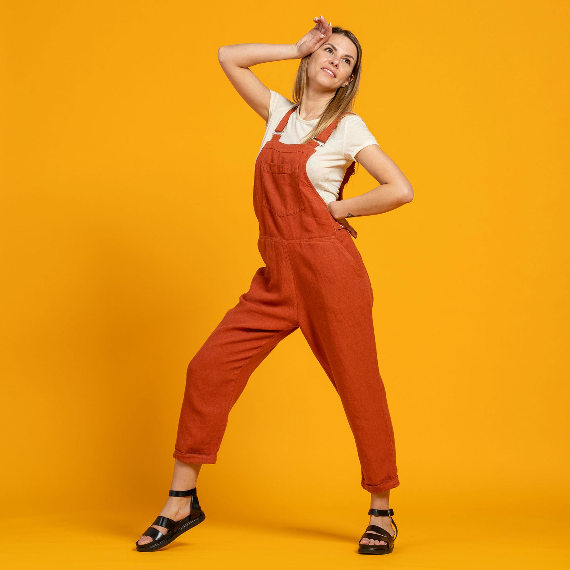 Linen Pinafore Jumpsuit Nicci Cinnamon Red