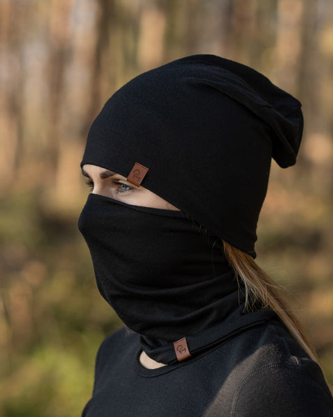 Bonnet et tour de cou en mérinos pour femme, 2 pièces, noir