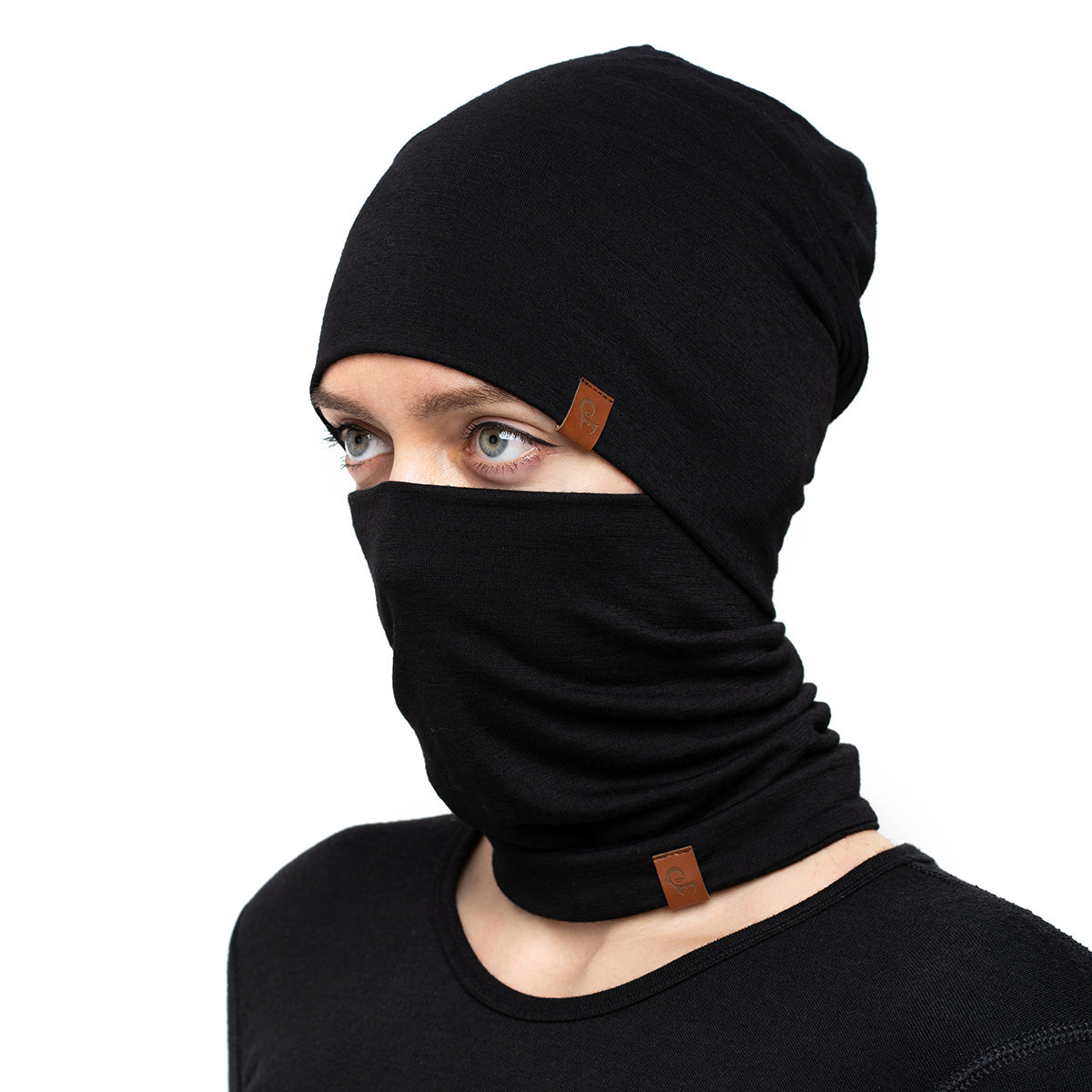 Bonnet et guêtre en laine mérinos pour femme, ensemble 2 pièces, noir